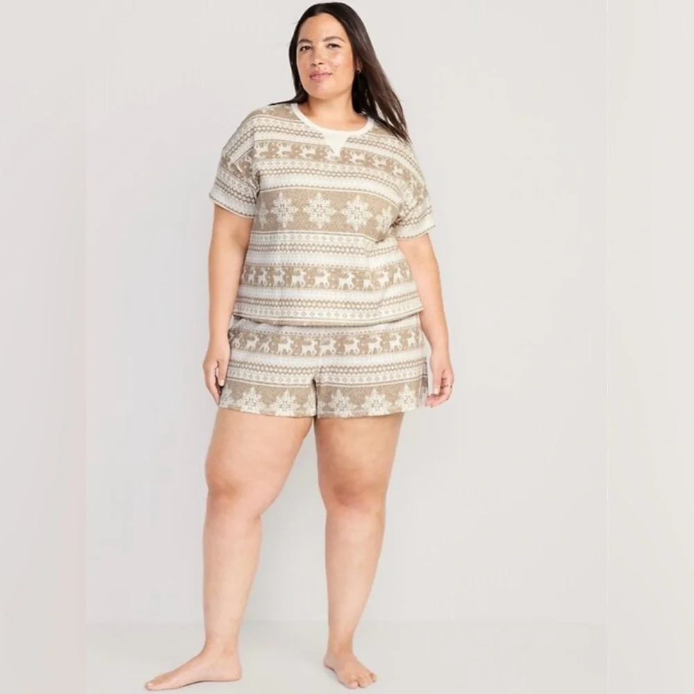 Old Navy Women’s Waffle Knit Pajama‎ Shorts Set Jingle Jammies Tan & White SZ XL